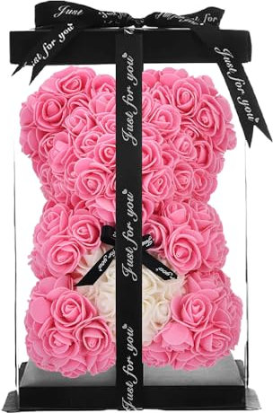 ZENZERO® - ORSO ROSA - ORSETTO ricoperto di ROSE in PE - Orsacchiotto in Confezione Regalo - Dimensioni 10 (26x17cm) - Pezzi: 1 - disponibili vari COLORI - Colore: (ROSA CUORE BIANCO)