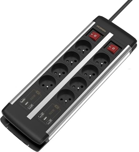 UCOMEN Multiprise Parafoudre 3680W 16A,8 Prises, Chargeur Rapide 20W USB A & C, 2 Interrupteurs Individuels, Câble 2m,Sécurité & Pratique