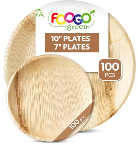 FOOGO Green 200pcs Disposable Palm Leaf Plates, 100x Large Round, 100x Small Plates, Disposable Bamboo, Eco Friendly Biodegradable, Strong Paper Party Wedding, Picnic and Camping