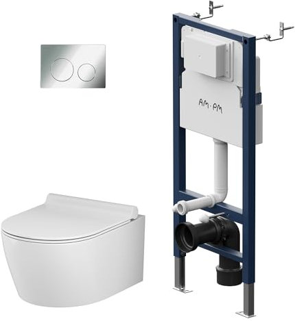 AM.PM - Hänge WC Komplettset, Vorwandelement WC Set Komplett Vormontiert (Prime Fit) + Wand WC Weiß ohne Spülrand (X-Joy S) + Drückerplatte + WC-Sitz mit Absenkautomatik, Toilette Komplett Set