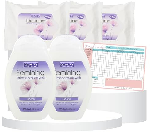 Feminine Intimate Wash for Women Bundle With Beauty Formulas Feminine Wash 250ml x2, Intimate Feminine Wipes x3 and London Carousel Period Tracker