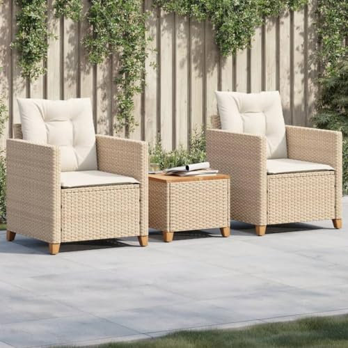 Willood 3tlg. Rattan Balkonset Balkonmöbel Set 2 Sessel mit Hocker Gartenlounge Gartengarnitur Gartenmöbel Set Bistro Set mit Kissen Beige Poly Rattan Akazienholz
