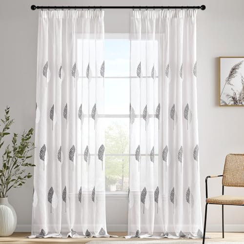 MIULEE Cortinas Blancas con Bordado de Hojas Gris, Semitransparentes y Transpirables, Aptas para Rieles y Varillas, Juego de 2 Piezas, 140x245cm, Sala y Dormitorio