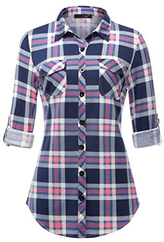 DJT Damen Weiches Gestrick Karierte Bluse Langarm Oberteile Roll Up Ärmel Hemdbluse Tunika Button Down Blusen Top Blau-Rosa S
