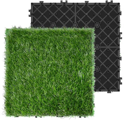 SUBTLETY 1㎡ Kunstrasen Bodenbelag Fliesen 30x30cm Rasenfliesen Outdoor Terrassenfliesen Klickfliesen mit Drainage Gitter Künstlicher Rasenteppich 11 Stück Bodenfliesen für Balkon Terrasse Garten
