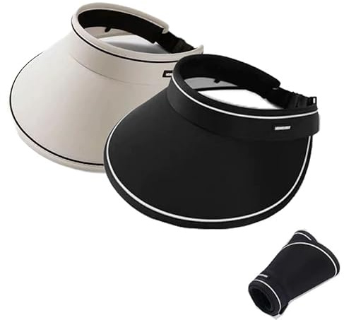 Cappello con visiera parasole da donna, 2 pezzi, protezione UV, visiera regolabile da corsa con fascia traspirante per il sudore, tesa larga per golf, cane da passeggio, pesca, nero e bianco