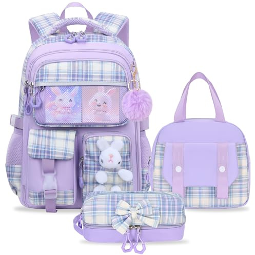 NSEQB Kids School Backpack Set With Lunch Bag for Elementary Girls,Purple