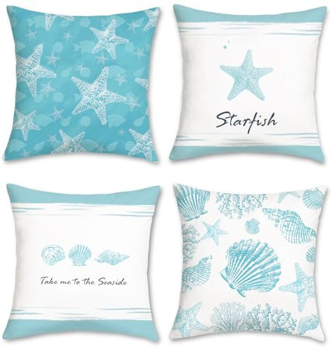 COZZSNUGE Sommer Küsten Kissenbezüge 45 x 45 cm, Seestern Muschelschale Koralle Samtig Dekorative Kissenhülle Zierkissenbezüge für Sofa Wohnzimmer Zuhause 4er Set