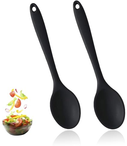 AzureRay Kochlöffel Silikon 2 Stück, Antihaft Kochlöffel Kunststoff mit Hygienischem Design, Küchenutensilien zum Kochen, Backen & Rühren, Servierlöffel Schwarz