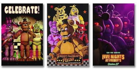 QPKNZNBAR A Set Of 3 Five Poster Nights At Terror Reasoning Freddy's Comic Vintage Posters Für Zimmer, Ästhetische Leinwand-Wandkunst, Schlafzimmer-Dekor 08x12inch(20x30cm)-3pcs