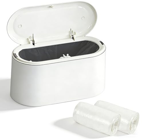 Lightista Small Bin, Desk Trash Can with Lid, Mini Kids Table Waste Bin, Pop Up Mini Dustbin, Removable Plastic Countertop Bin for Bathroom Bedroom Office Coffee Bar, Free 60PCS Trash Bags