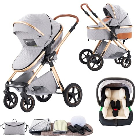 Mobayta Kinderwagen 3 in 1 Komplettset, 0-4 Jahre, bis 22 kg, Kombikinderwagen Reisesysteme für Neugeborene und Kleinkinder (GREY H2, H2)