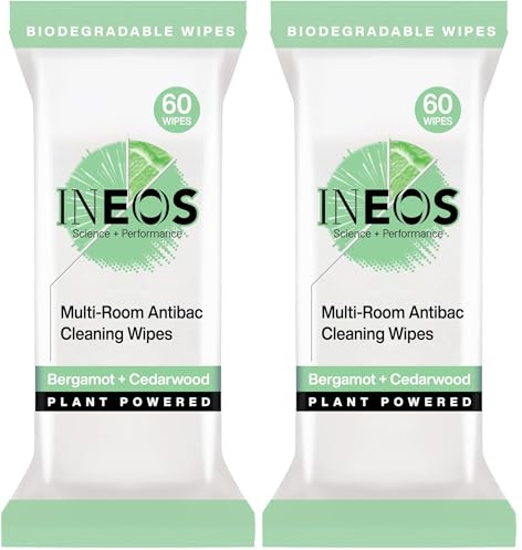 INEOS Hygienics Next-Gen Antibac Multi-Room Disinfectant Biodegradable 60 Wipes, Bergamot + Cedarwood, Kills 99.9% of Bacteria + Viruses, Plant Powered, Packaging May Vary (Pack of 2)