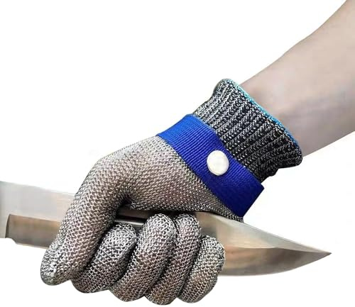 Guanto Antitaglio Professionale (1 Pezzo) in Maglia di Acciaio Inossidabile 316L, Ambidestro, Protezione Livello 5 Certificata EN388, per Ostriche, Carne e Mandolina - Taglia L