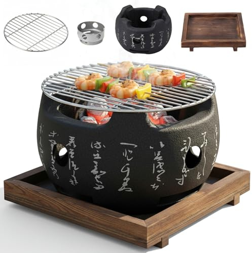Japanese Grill, Round Camping Pan Small Yakitori Grill with Mesh & Base Portable Indoor BBQ for Yakiniku, Yakitori, Robata, Big