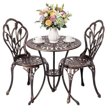 Roomark Set Tavolo e Sedie da Giardino 3 Pezzi in Alluminio Pressofuso, Set Bistrò da Esterno Antiruggine con Foro per Ombrellone, Tavolino Rotondo e 2 Sedie con Motivo a Tulipano,Oro Rosa