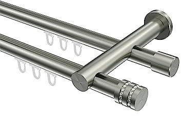 Interdeco Edelstahl Optik Innenlauf Gardinenstange 20 mm Ø doppelläufig Platon Estana, 280 cm