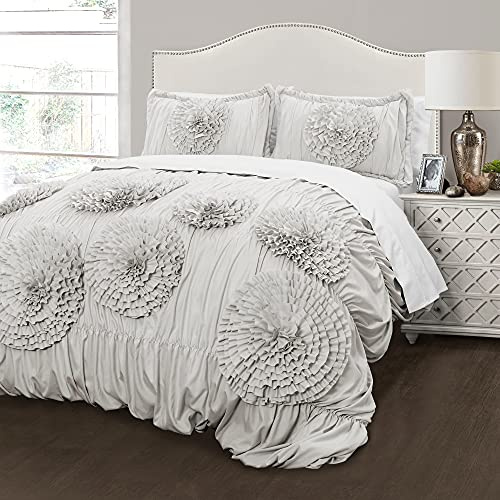 Lush Decor Serena Comforter Set, 3 Piece Set, Full/ Queen, Light Gray - Cute Comforter - Queen Bedding Set - Gray Comforter Queen Size - Coquette Decor