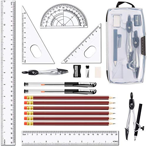 LATERN 20 Pezzi Bussola Geometrica Set, Kit Per Studenti Compasso E Goniometro, Placchette (30° / 45° / 60°), Gomma, Temperamatite, Righelli Diritti (15cm / 20cm / 30cm), Matite, Penne Gel