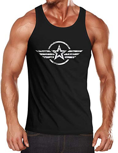 Neverless® Herren Tank-Top Shirt Airforce Symbol Stern Army Military Aufdruck Emblem Muskelshirt Muscle Shirt schwarz L