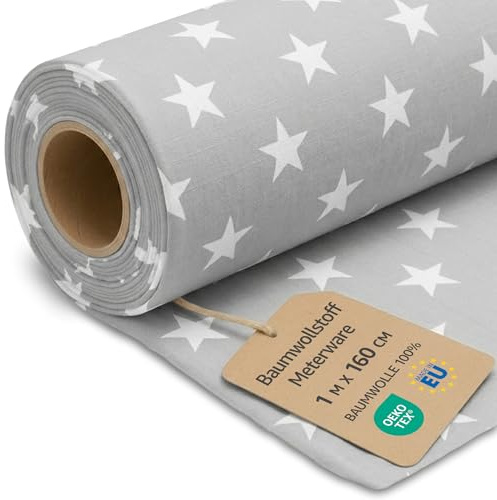 Stoff Meterware Baumwollstoff 1 M x 160 cm - Stoffe zum nähen aus reine baumwolle fabric futterstoff dekostoff für patchwork canvas und sewing nähstoff Oeko-Tex Weiße Sterne auf Grau