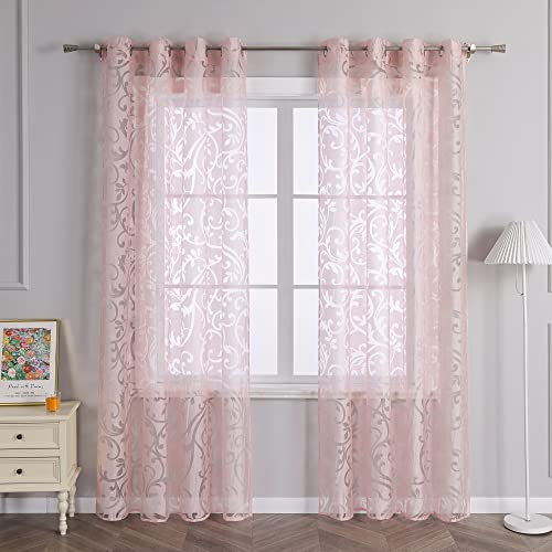 Delien Voile Ausbrenner Gardine mit Ranken Muster transparenter Vorhang mit Ösen Wohnzimmer Gardinenschals BxH 140x245cm Pink 1 St.
