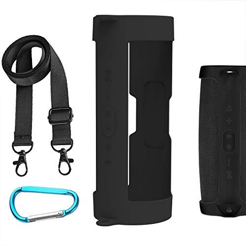 Geekria Silicone Speaker Case Cover Compatible with JBL Charge 5, Protective Waterproof Soft Skin, Replacement Bluetooth Speakers Travel Carrying Sleeve with Shoulder Strap (Black)