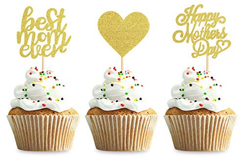Blumomon Goldene Glitzer-Cupcake-Topper mit Aufschrift „Best Mom Heart“, Cupcake-Dekoration für Muttertagsparty