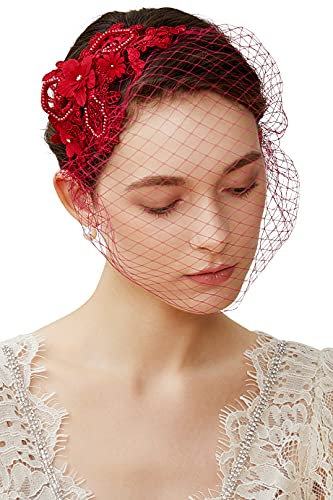 BABEYOND Fascinator Hut Schleier Feder Fascinator Haarspange Teeparty Pillbox Derby Hut Fascinator Braut Hochzeit Schleier, Weinrot, Einheitsgröße