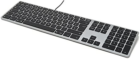 Matias Aluminium Erweiterte USB-Tastatur mit RGB-Hintergrundbeleuchtung Swiss-Layout (CH), für Mac OS, Space-Grey mit schwarzen Tasten