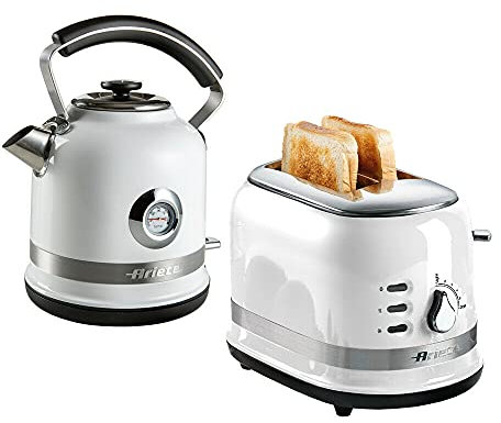Ariete ARPK32 Moderna Cordless Kettle and 2 Slice Toaster Set, Stainless Steel Body, White