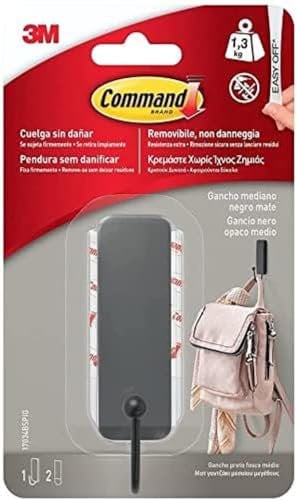 Command 3M 17034B Matte Black Medium Hook, 1 Hook, 2 Strips