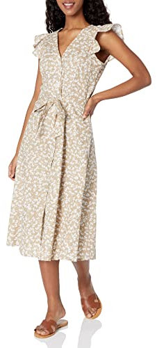 Tommy Hilfiger Damen North Beach Leaves Flatterärmel Kleid, Khaki/Hellweiß, 36