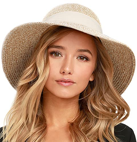 FURTALK Womens Beach Sun Straw Hat UV UPF 80+ Travel Foldable Brim Summer UV Hat