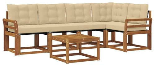 XHNIFBN Sofá de exterior de madera de acacia y textileno – Moderno conjunto de muebles de salón para jardín, terraza y piscina con cojines desmontables, 6 piezas, color natural/beige