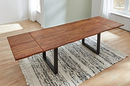 SAM Baumkantentisch 200 (300) x 100 cm Norino, Akazienholz massiv & nougatfarben lackiert, Esszimmertisch inkl. 2 Ansteckplatten, echte Baumkante, Esstisch mit U-Metallgestell in Schwarz