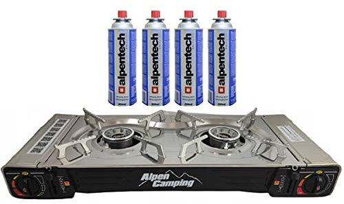 ALPEN CAMPING - Réchaud à gaz 2 feux 4400W Inox Allumage piezo + 4 cartouches gaz butane
