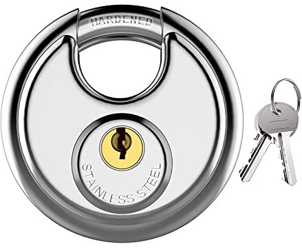 Diskus-Vorhängeschloss mit Rundschlüssen, robustes Edelstahl, rundes Vorhängeschloss mit 2 Schlüsseln, 70 mm Bügel-Sicherheitsschloss für Lagereinheiten, Schuppen, Garagen