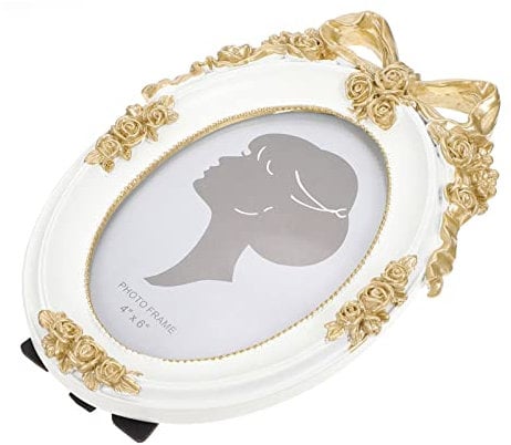 Beavorty Antique Oval Resin Photo Frame with Gold Frame Gilt Edged Bow Embellishment Decorative Ornament