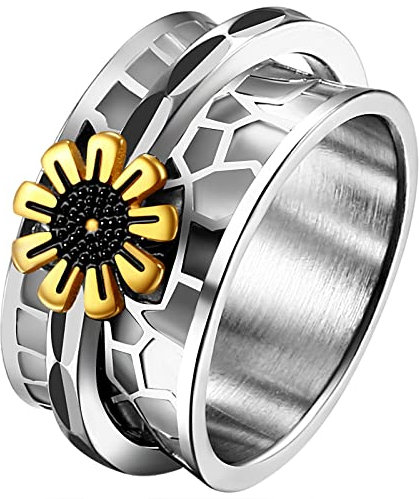 JewelryWe Schmuck Fidget Angst Ring Damen Retro Gänseblümchenblume Blume Edelstahl Drehbarer Anti Stress Band Bandring mit Gravur, Silber Größe 67
