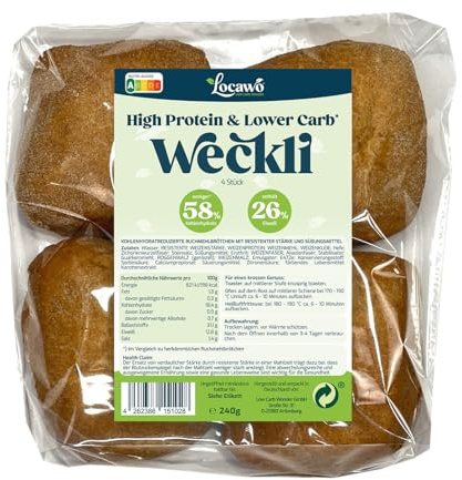 Locawo High Protein & Low Carb Schweizer Weckli | Eiweißbrötchen | Voller Weizengeschmack | Vegan | ideal für eine eiweißreiche, kalorien- und zuckerreduzierte Ernährung