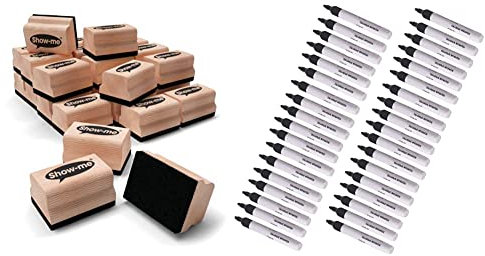 Show-Me Whiteboard Eraser Pack, Mini Erasers for Drywipe Boards & Chalkboards in Schools & Original Pack of 50 Non-Toxic Ink Black Colour Whiteboard Dry Wipe Marker Pens Bullet Tip