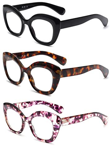 JM 3-Pack Cateye Lesebrille für Frauen, Blaues Licht Blockierende Computerleser mit Federscharnier +2.0