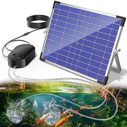 Biling 15W Aireador Solar para Estanques, Bomba de Aire Solar Oxigenado con 4400mAh Batería, Indicador de Batería Cargada, 4 Piedras Difusoras 4m Tubo, Aireación de Estanques de Jardín, Peceras, Pesca