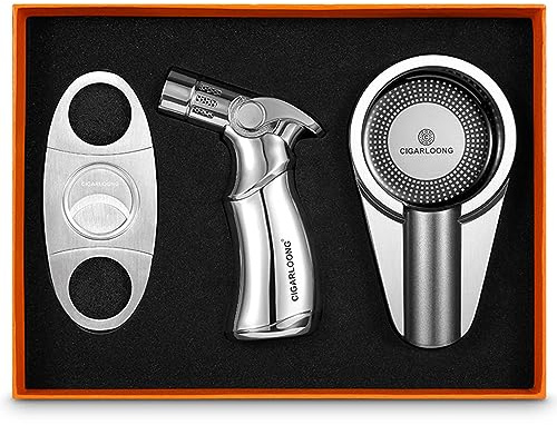 CIGARLOONG Lot de 3 coupe-cigares en acier inoxydable, briquet coupe-vent avec poinçon à cigare, cendrier en métal avec coffret cadeau, sans gaz (argent vif)