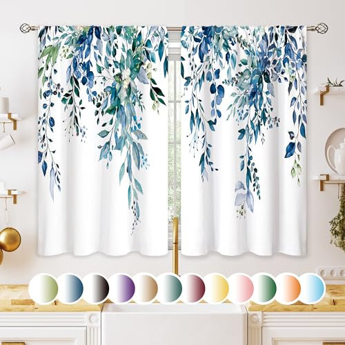 oolygoo Blaugrüne Eukalyptus, botanische Blätter, kleine Küchenvorhänge, blaue Blume, Fensterbehandlung, Wildblume, Pflanze, Café, kurze Fenstervorhänge für Badezimmer, Zimmer, Etagenbehandlung,