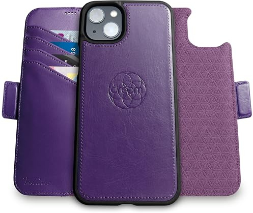 dreem Vegan Leather Magnetic Detachable Wallet Case for iPhone 15 Purple | Revolutionary Vert/Hor Phone Stand, RFID Blocking Card Holder Flip Cover, MagSafe-Fit, Gift Box [Fibonacci: Purple]