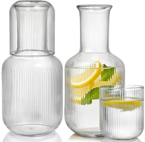 Bekith 2 Set 25 OZ Bedside Night Water Carafe with Tumbler Glass, Vertical Stripes Clear Glass Carafe for Bedroom Guest Room Nightstand, Mouthwash Decanter for Bathroom, Water Pitcher Set (4-Piece)