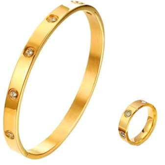 Schmuckset Gold Damen Armband Ringe Set Edelstahl Armbänder Zirkonia Armkette Vergoldete Knuckle Ring Midi Finger Ringe Verlobungsringe Eheringe Trauringe Schmuck Set für Frauen (Ring:8+Armband)