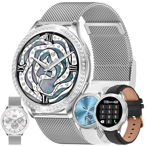 Smartwatch Damen mit Telefonfunktion, 1,32 Diamant IP68 Wasserdicht Sportuhr mit 123 Sportmodi, Blutdruckmessung, Herzfrequenz, Schrittzähler, 3 Uhrenarmband, Fitnessuhr für iOS Android (Silber)